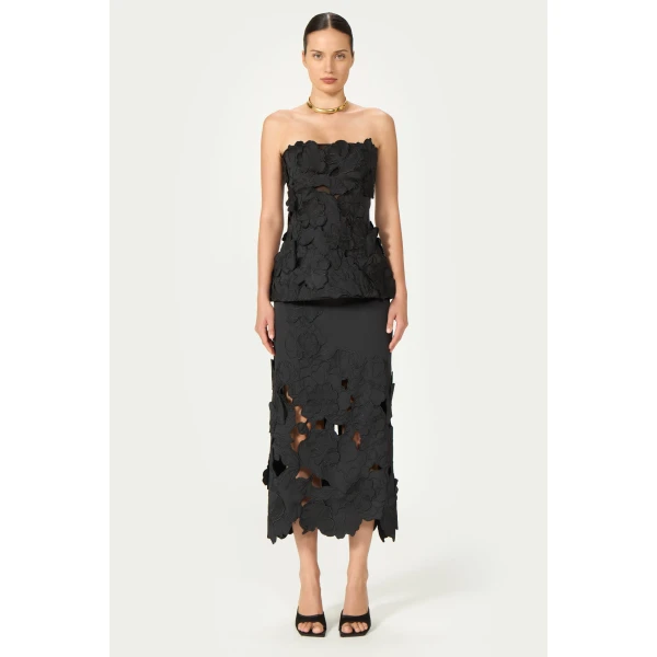 Costarellos Alexina Floral-Cut Satin Pencil Skirt in Black | Pencil Skirts | Luxury Shoes 