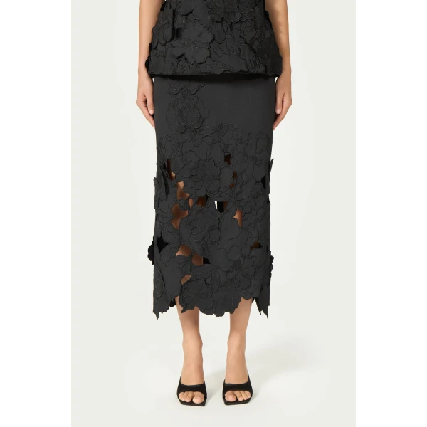 Costarellos Alexina Floral-Cut Satin Pencil Skirt in Black | Pencil Skirts | Luxury Shoes 
