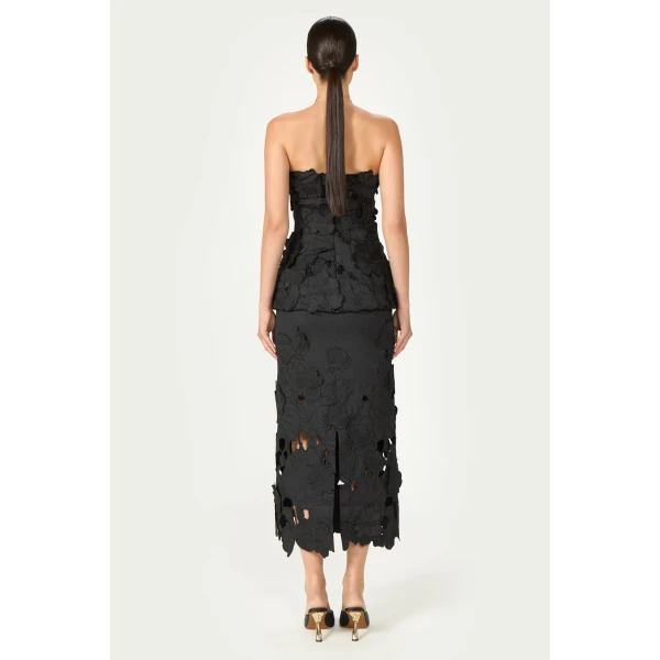 Costarellos Alexina Floral-Cut Satin Pencil Skirt in Black | Pencil Skirts | Luxury Shoes 
