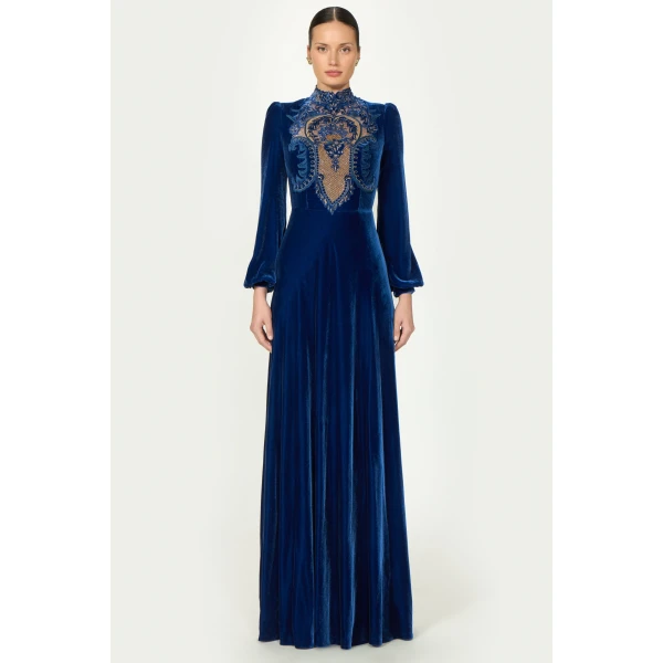 Costarellos Aliska Silk Velvet Lace Applique Gown in Electric Blue | Evening Gowns | Luxury Shoes 