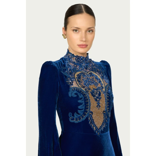 Costarellos Aliska Silk Velvet Lace Applique Gown in Electric Blue | Evening Gowns | Luxury Shoes 