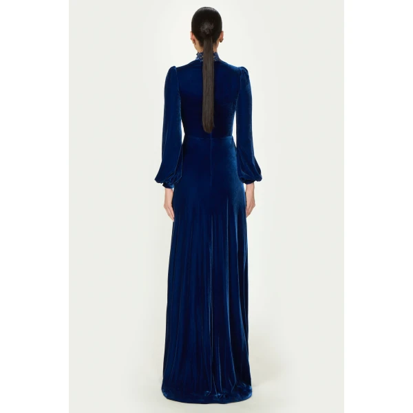 Costarellos Aliska Silk Velvet Lace Applique Gown in Electric Blue | Evening Gowns | Luxury Shoes 