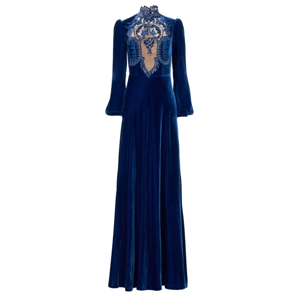 Aliska Silk Velvet Lace Applique Gown in Electric Blue