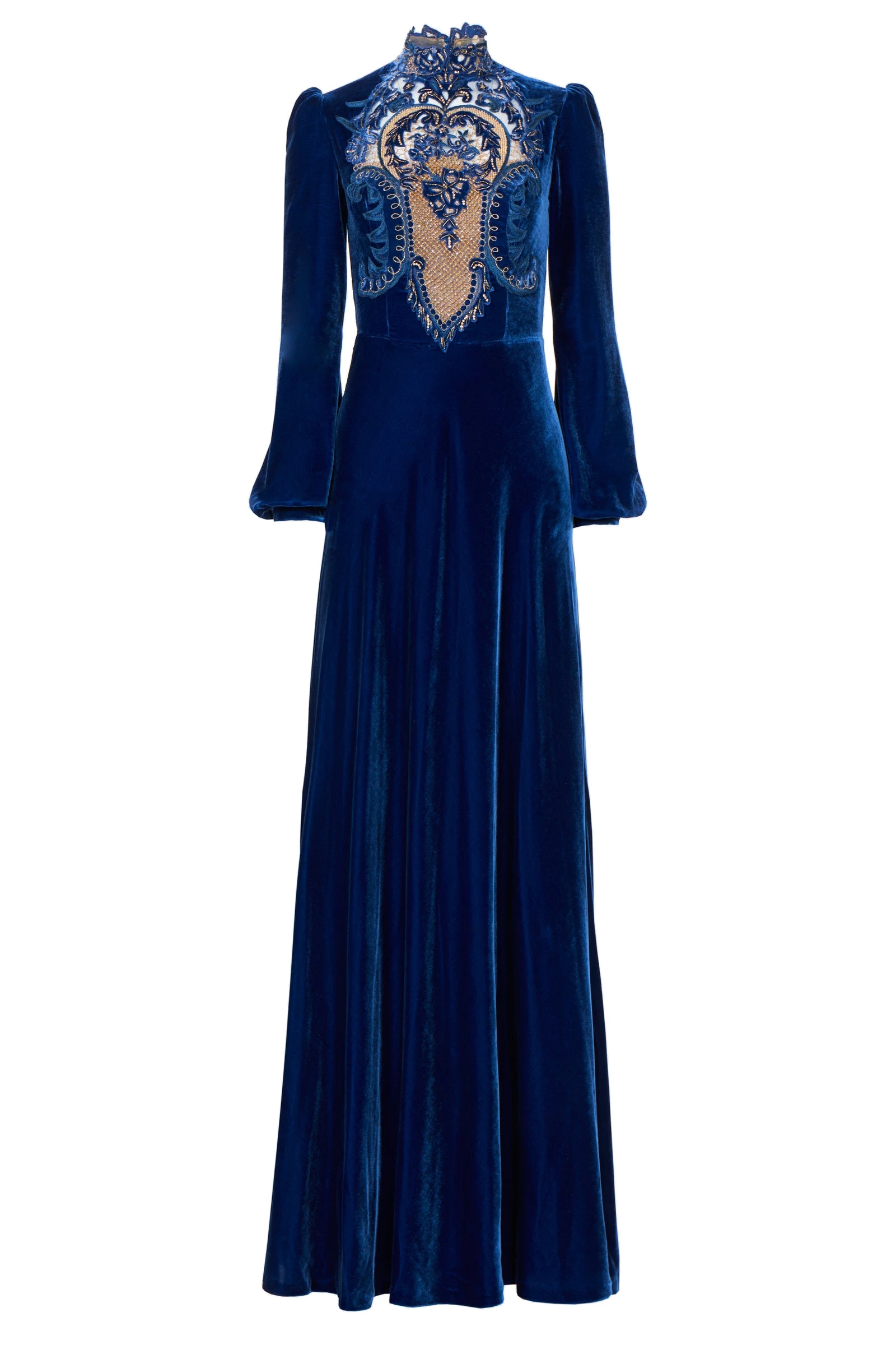 Costarellos Aliska Silk Velvet Lace Applique Gown in Electric Blue Costarellos Aliska Silk Velvet Lace Applique Gown in Electric Blue | Luxury Shoes