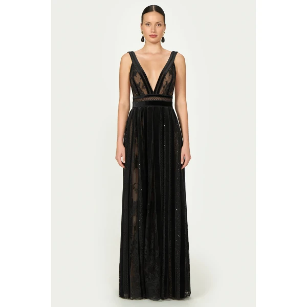 Costarellos Andrie French Lace Gown in Black | Evening Gowns | Luxury Shoes 