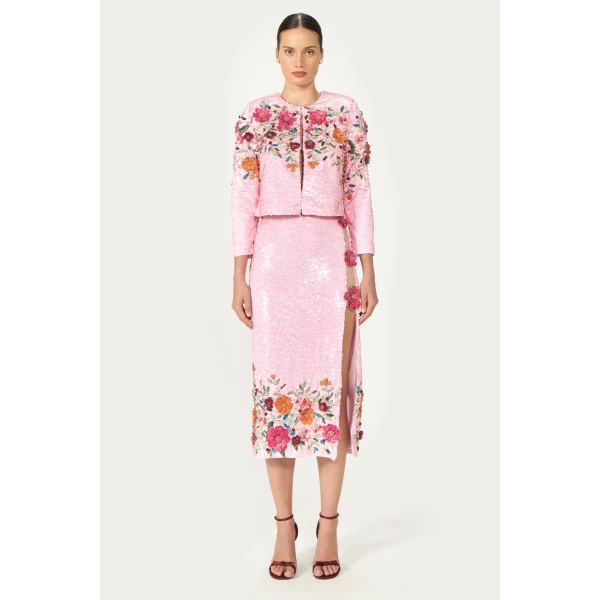 Costarellos Anora Sequin Pencil Skirt in Dusty Pink | Pencil Skirts | Luxury Shoes 