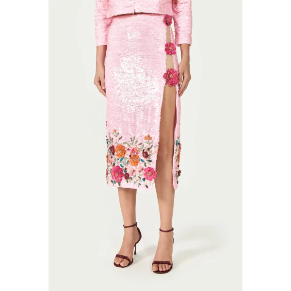 Costarellos Anora Sequin Pencil Skirt in Dusty Pink | Pencil Skirts | Luxury Shoes 
