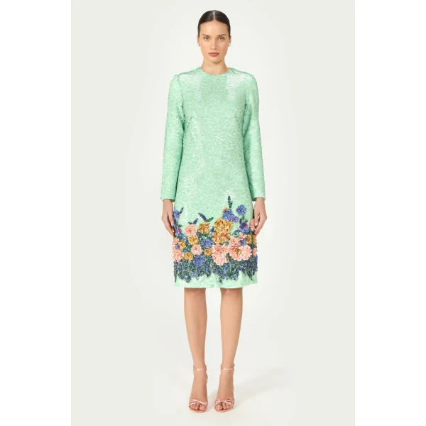 Costarellos Arla Sequin Floral Midi Dress in Green | Midi Dresses | Luxury Shoes 