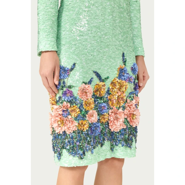 Costarellos Arla Sequin Floral Midi Dress in Green | Midi Dresses | Luxury Shoes 