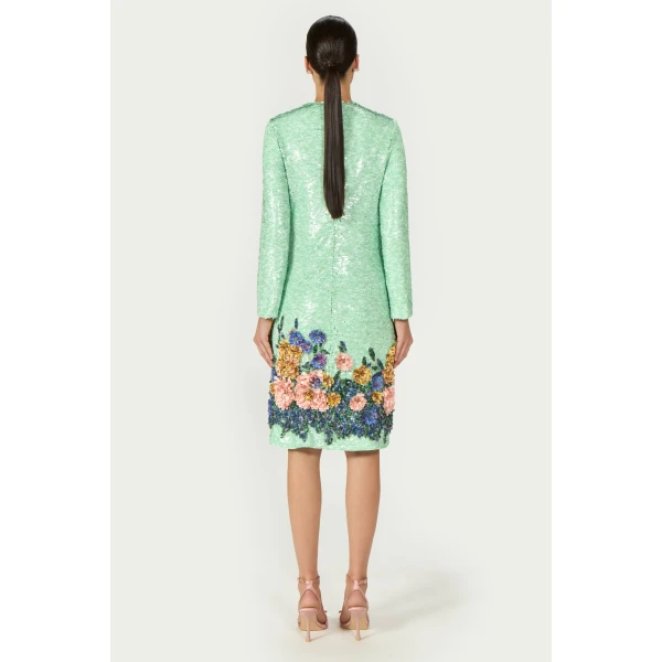 Costarellos Arla Sequin Floral Midi Dress in Green | Midi Dresses | Luxury Shoes 