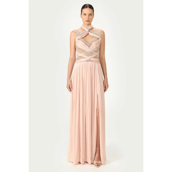 Costarellos Avalia Lurex Georgette Halter Gown in Nude Pink | Evening Gowns | Luxury Shoes 
