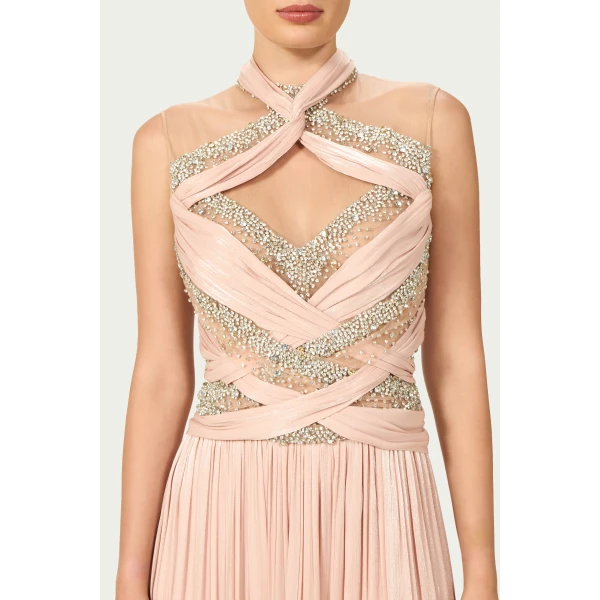 Costarellos Avalia Lurex Georgette Halter Gown in Nude Pink | Evening Gowns | Luxury Shoes 