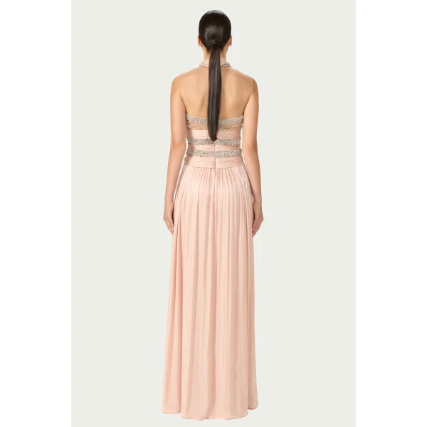 Costarellos Avalia Lurex Georgette Halter Gown in Nude Pink | Evening Gowns | Luxury Shoes 