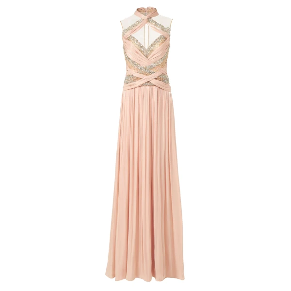 Avalia Lurex Georgette Halter Gown in Nude Pink