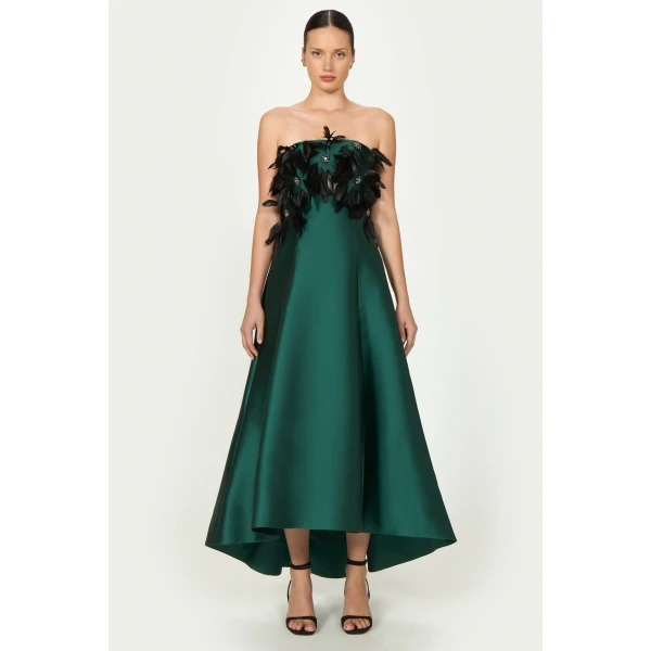 Costarellos Avielle Silk Mikado Strapless Dress in Dark Green | Evening Gowns | Luxury Shoes 