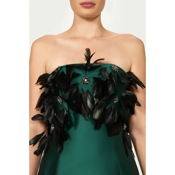 Costarellos Avielle Silk Mikado Strapless Dress in Dark Green | Evening Gowns | Luxury Shoes 