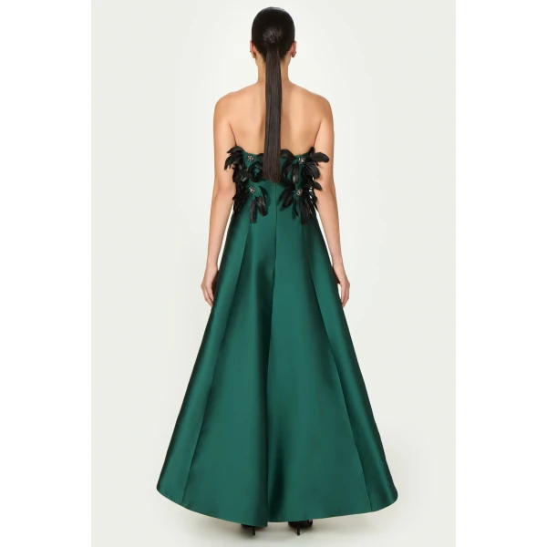Costarellos Avielle Silk Mikado Strapless Dress in Dark Green | Evening Gowns | Luxury Shoes 