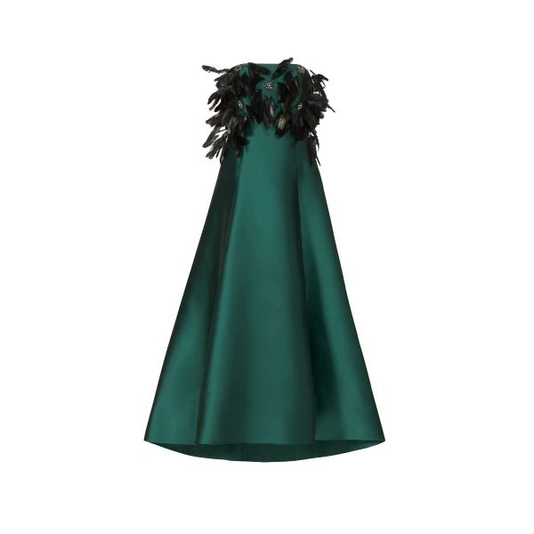 Avielle Silk Mikado Strapless Dress in Dark Green