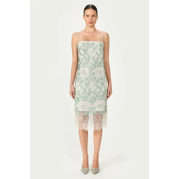 Costarellos Biona Sequined Lace Cami Dress in Grey and Green | Midi Dresses | Luxury Shoes 