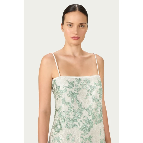 Costarellos Biona Sequined Lace Cami Dress in Grey and Green | Midi Dresses | Luxury Shoes 