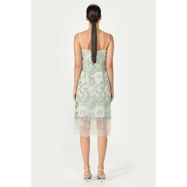 Costarellos Biona Sequined Lace Cami Dress in Grey and Green | Midi Dresses | Luxury Shoes 