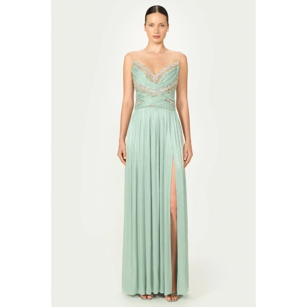 Costarellos Branka Lurex Georgette Gown in Mint | Evening Gowns | Luxury Shoes 