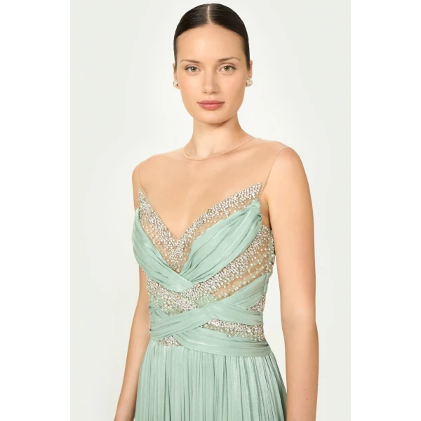 Costarellos Branka Lurex Georgette Gown in Mint | Evening Gowns | Luxury Shoes 