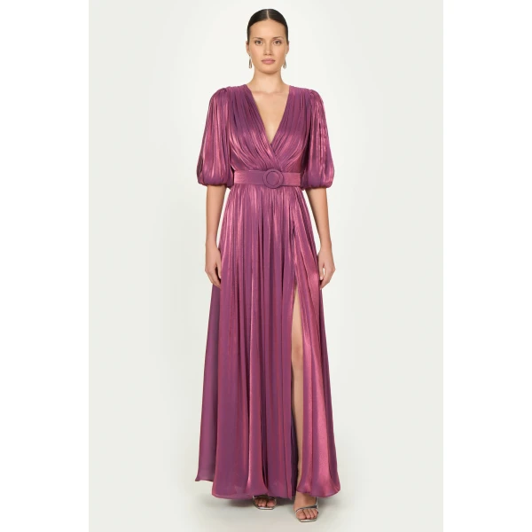 Costarellos Brennie Lurex Georgette Dress in Purple | Evening Gowns | Luxury Shoes 