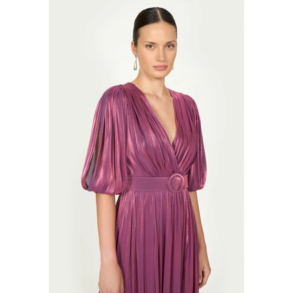 Costarellos Brennie Lurex Georgette Dress in Purple | Evening Gowns | Luxury Shoes 
