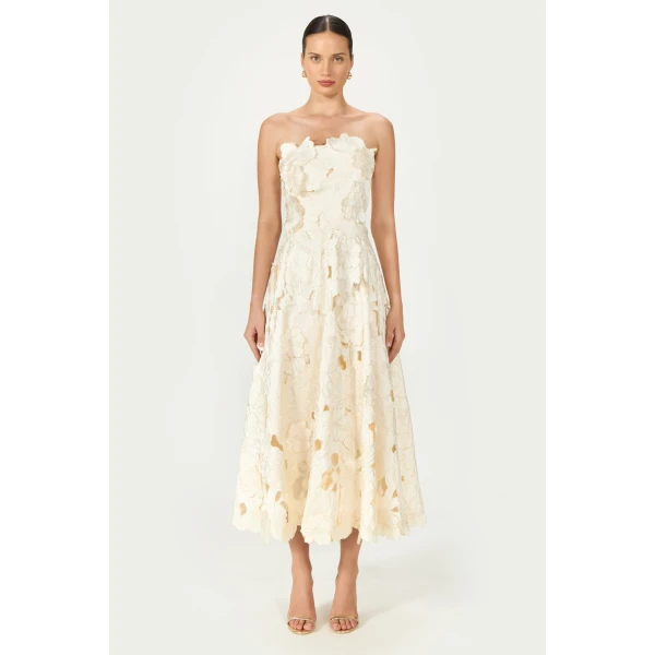 Costarellos Brissa Satin Floral-Cut Midi Dress in Cream | Midi Dresses | Luxury Shoes 