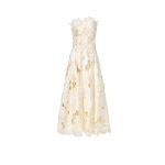 Costarellos Brissa Satin Floral-Cut Midi Dress in Cream | Luxury Shoes 