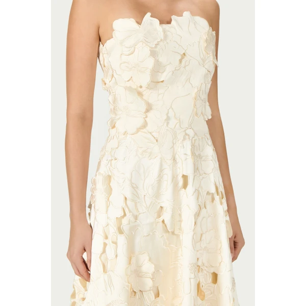 Costarellos Brissa Satin Floral-Cut Midi Dress in Cream | Midi Dresses | Luxury Shoes 