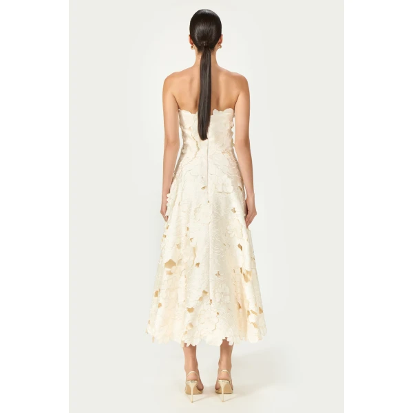 Costarellos Brissa Satin Floral-Cut Midi Dress in Cream | Midi Dresses | Luxury Shoes 