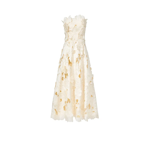 Brissa Satin Floral-Cut Midi Dress in Cream