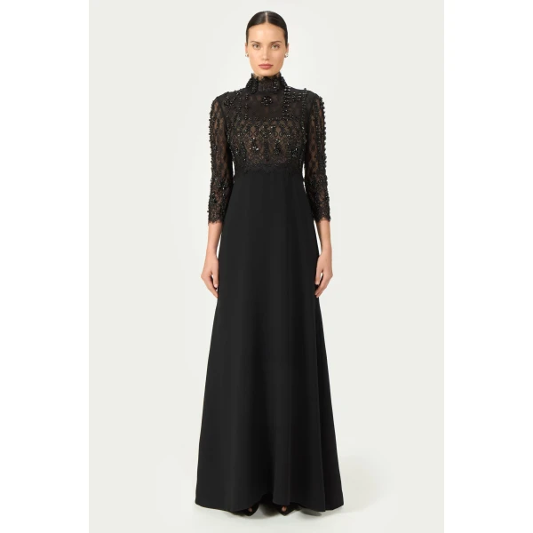 Costarellos Brona Beaded Lace Crepe Gown in Black | Evening Gowns | Luxury Shoes 