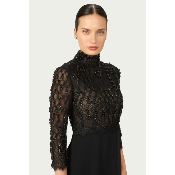 Costarellos Brona Beaded Lace Crepe Gown in Black | Evening Gowns | Luxury Shoes 