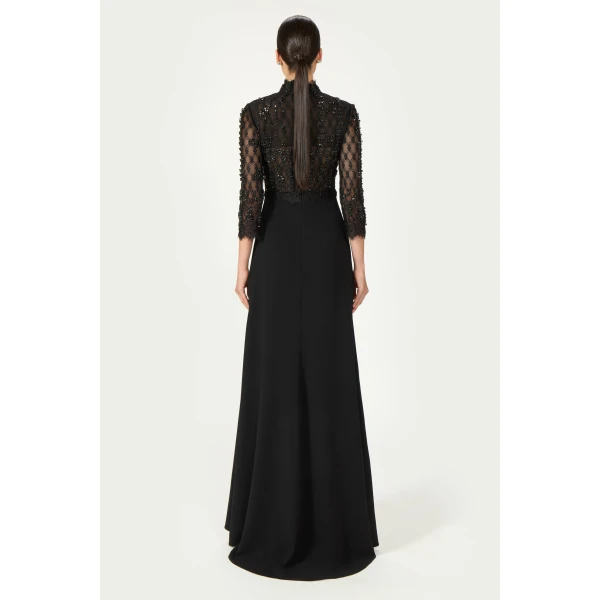 Costarellos Brona Beaded Lace Crepe Gown in Black | Evening Gowns | Luxury Shoes 