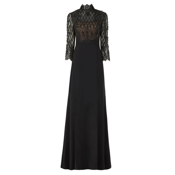 Brona Beaded Lace Crepe Gown in Black