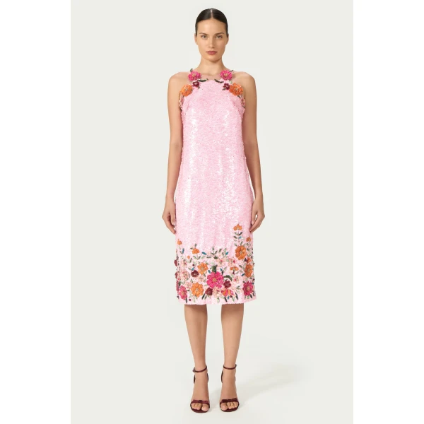 Costarellos Capria Sequin Midi Dress in Pink | Midi Dresses | Luxury Shoes 