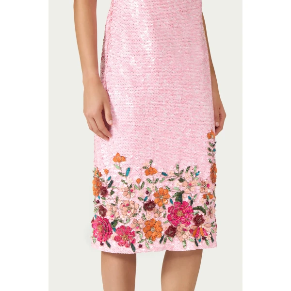 Costarellos Capria Sequin Midi Dress in Pink | Midi Dresses | Luxury Shoes 
