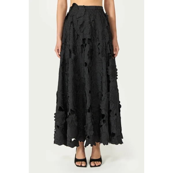 Costarellos Chelsie Floral-Cut Satin Circle Skirt in Black | Maxi Skirts | Luxury Shoes 
