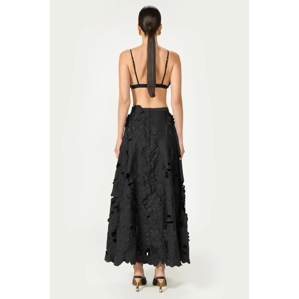 Costarellos Chelsie Floral-Cut Satin Circle Skirt in Black | Maxi Skirts | Luxury Shoes 