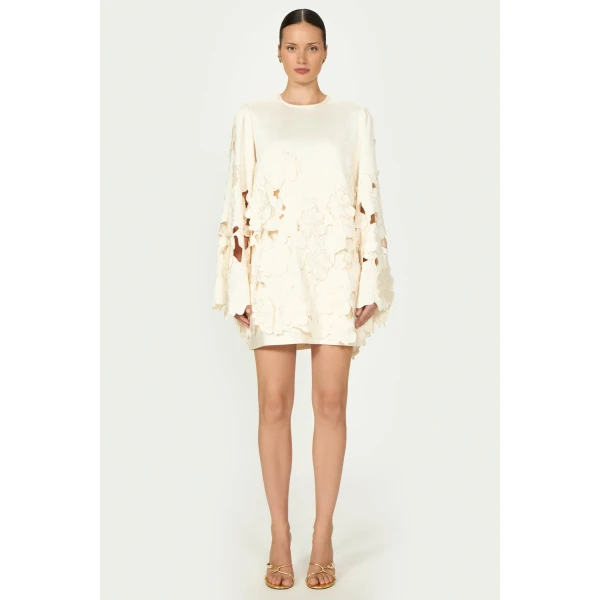 Costarellos Claudie Floral-Cut Satin Tunic in Cream | Mini Dresses | Luxury Shoes 