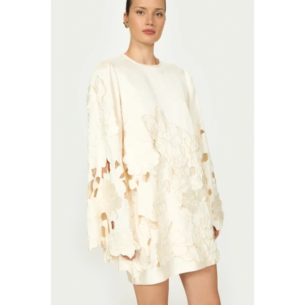 Costarellos Claudie Floral-Cut Satin Tunic in Cream | Mini Dresses | Luxury Shoes 