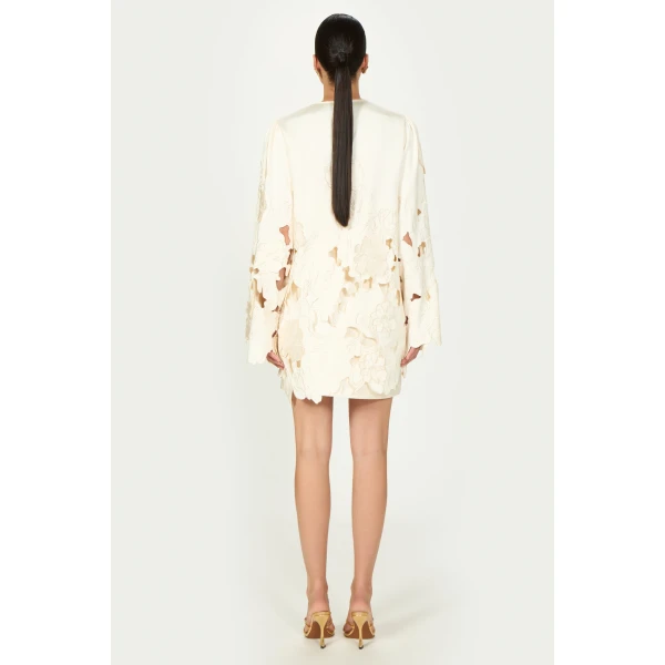 Costarellos Claudie Floral-Cut Satin Tunic in Cream | Mini Dresses | Luxury Shoes 