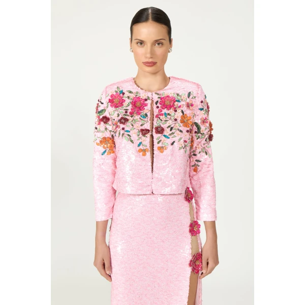 Costarellos Crissy Sequin Floral Jacket in Dusty Pink | Jackets | Luxury Shoes 