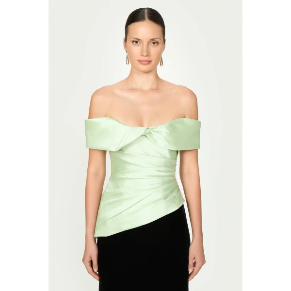 Costarellos Devina Silk Mikado Off-Shoulder Top in Anise Green | Tops | Luxury Shoes 