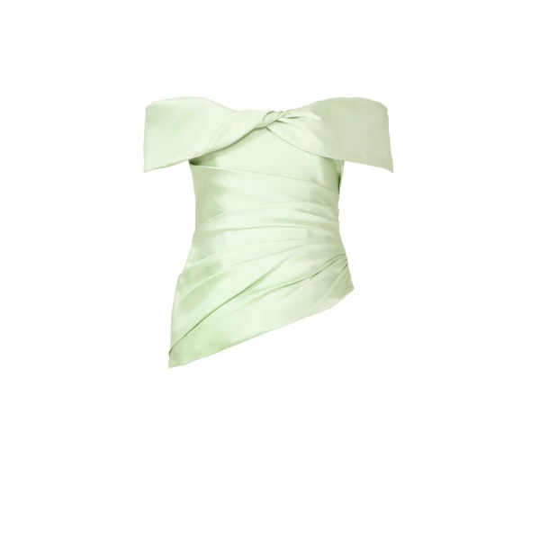 Costarellos Devina Silk Mikado Off-Shoulder Top in Anise Green | Luxury Shoes 