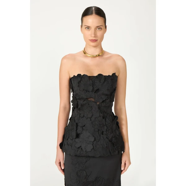 Costarellos Edita Floral-Cut Satin Bustier in Black | Tops | Luxury Shoes 