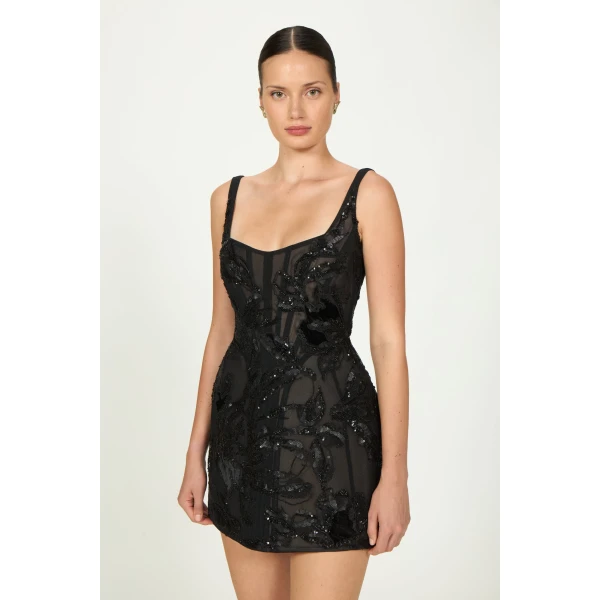 Costarellos Elitta Tulle Corset Mini Dress in Black | Mini Dresses | Luxury Shoes 